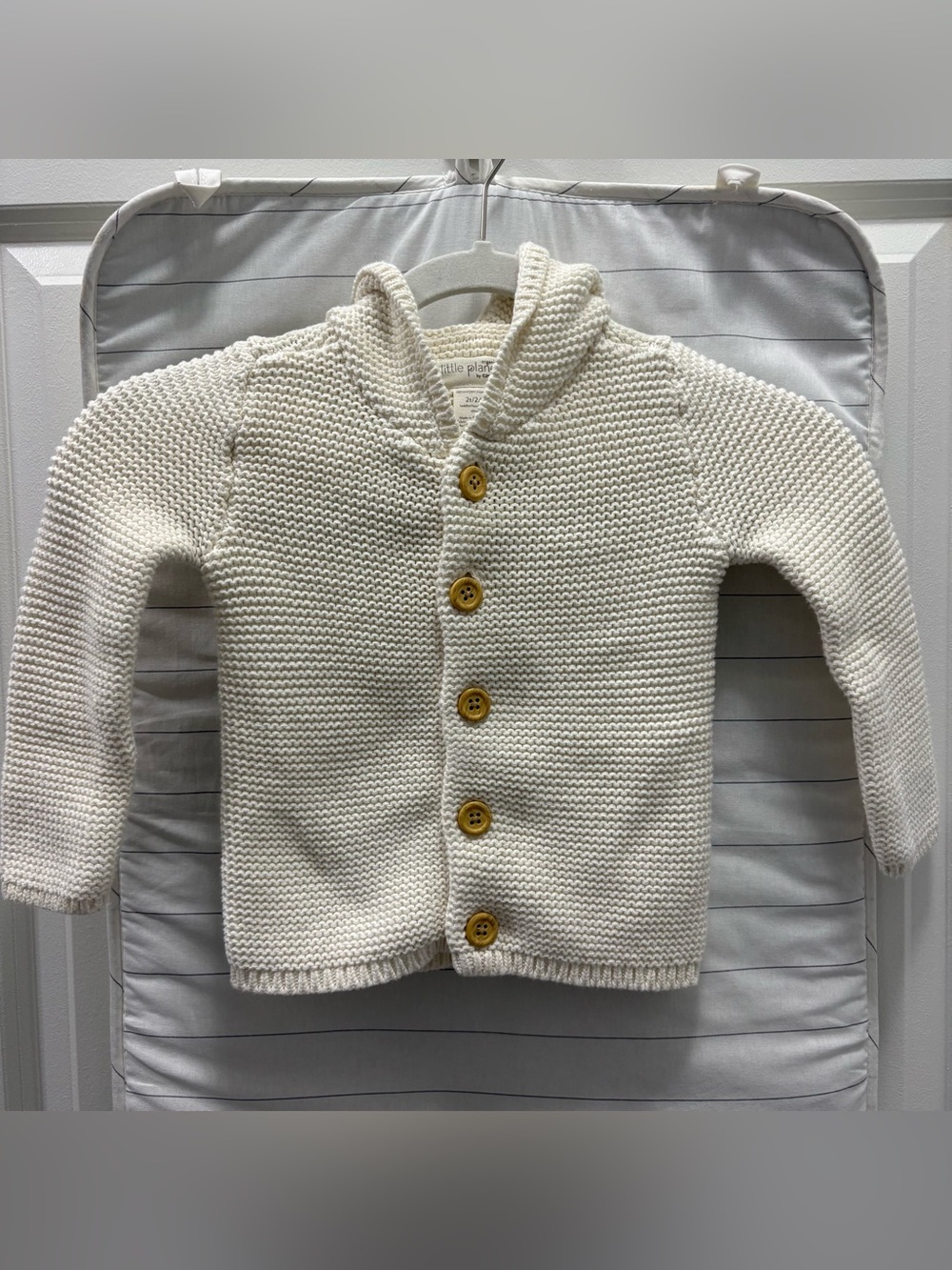 Hooded Cream Knit Button-Front Baby Cardigan